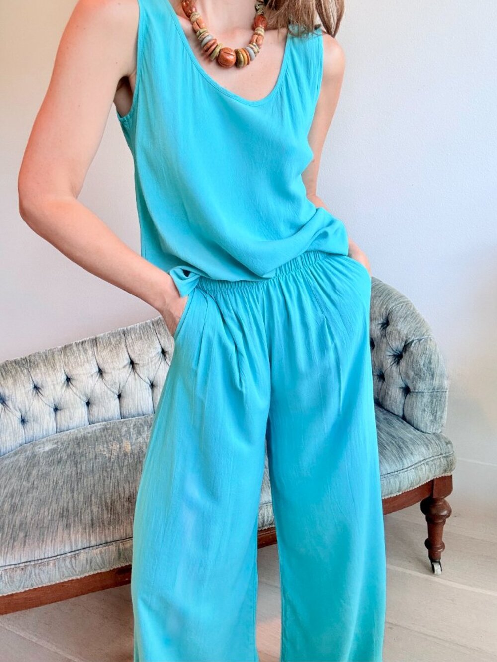 Jams World Ocean Turquoise Rayon Tank Wide Leg Pants Matching Set Relaxed